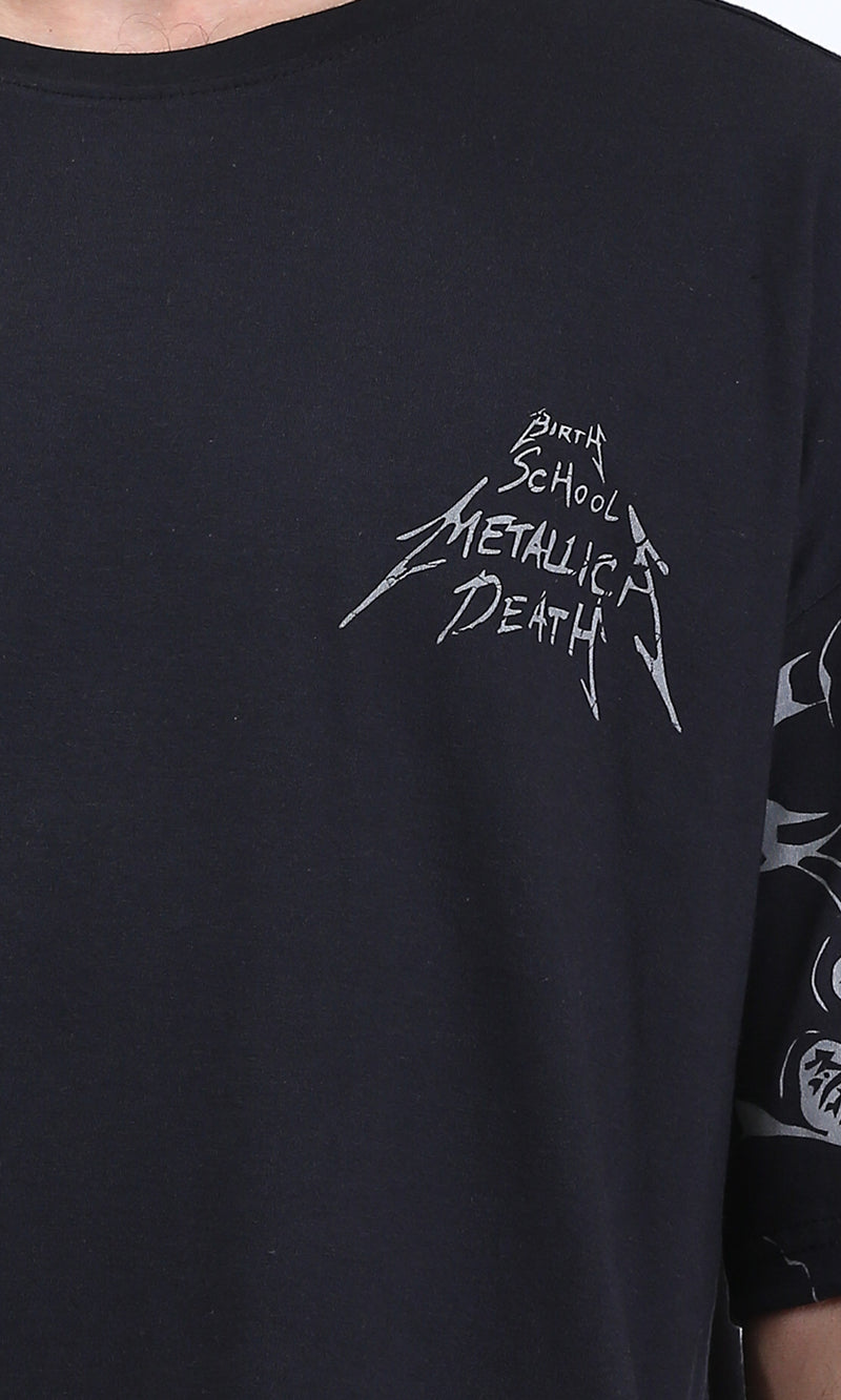 R210535 - Elbow Sleeves Printed Cotton Tee - Black