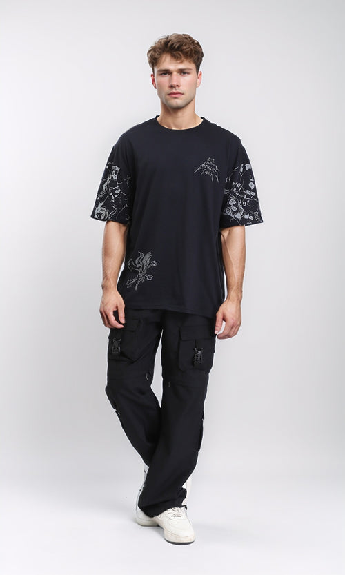 R210535 - Elbow Sleeves Printed Cotton Tee - Black