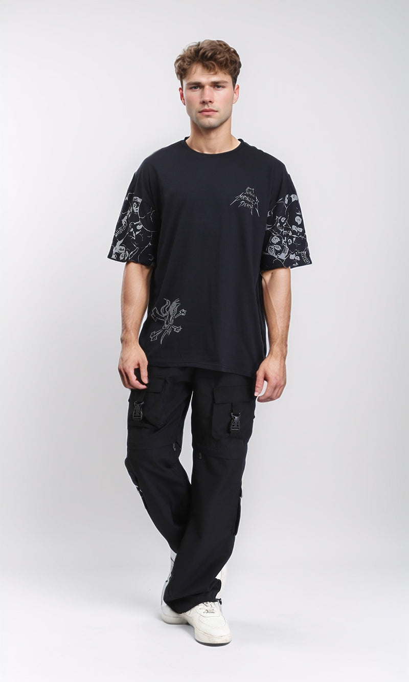 R210535 - Elbow Sleeves Printed Cotton Tee - Black