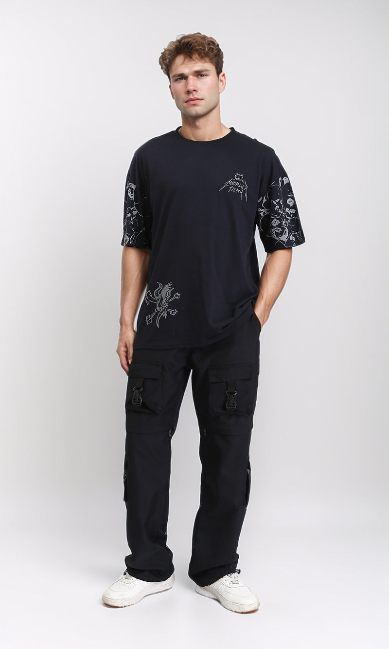 R210535 - Elbow Sleeves Printed Cotton Tee - Black