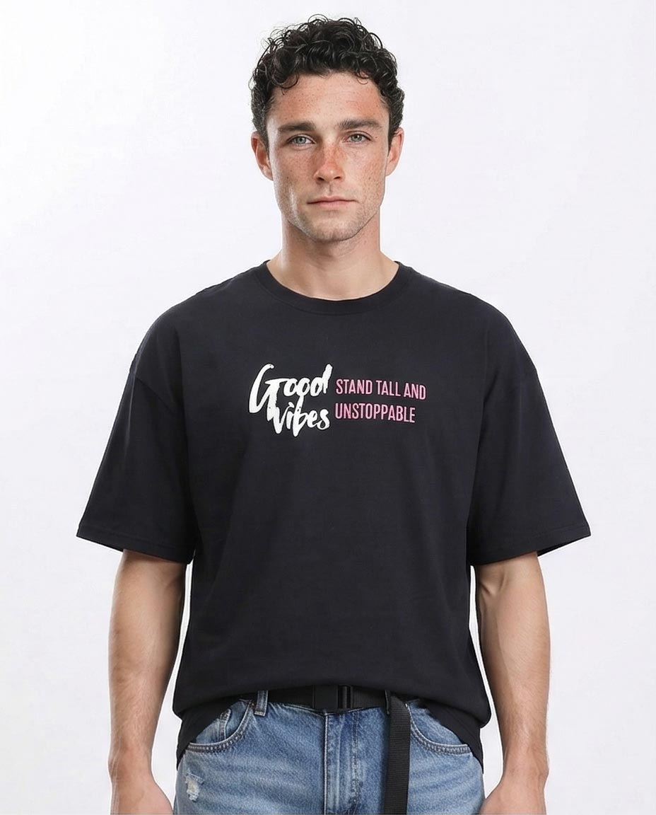 Men's Oversized "good Vibes" Graphic T-Shirt - Black