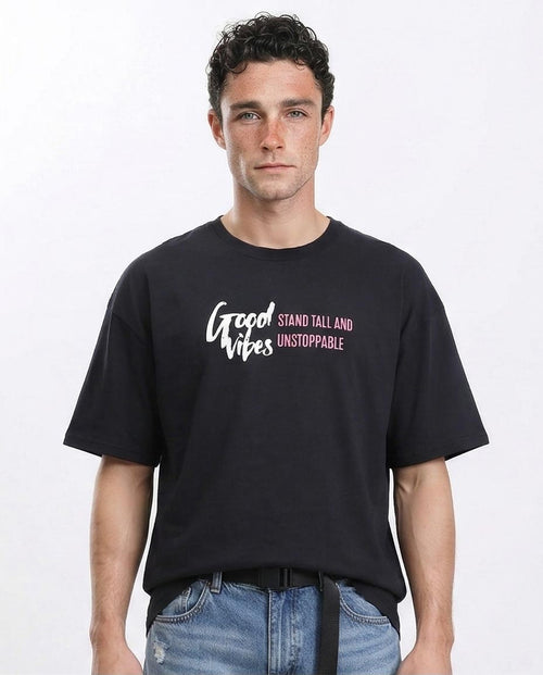 Men's Oversized "good Vibes" Graphic T-Shirt - Black