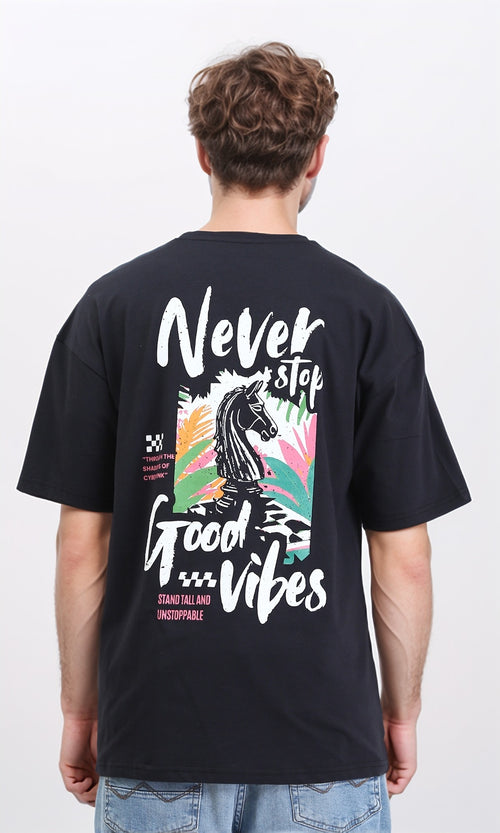 R210537 - Elbow Sleeves Regular Printed Cotton Tee - Black