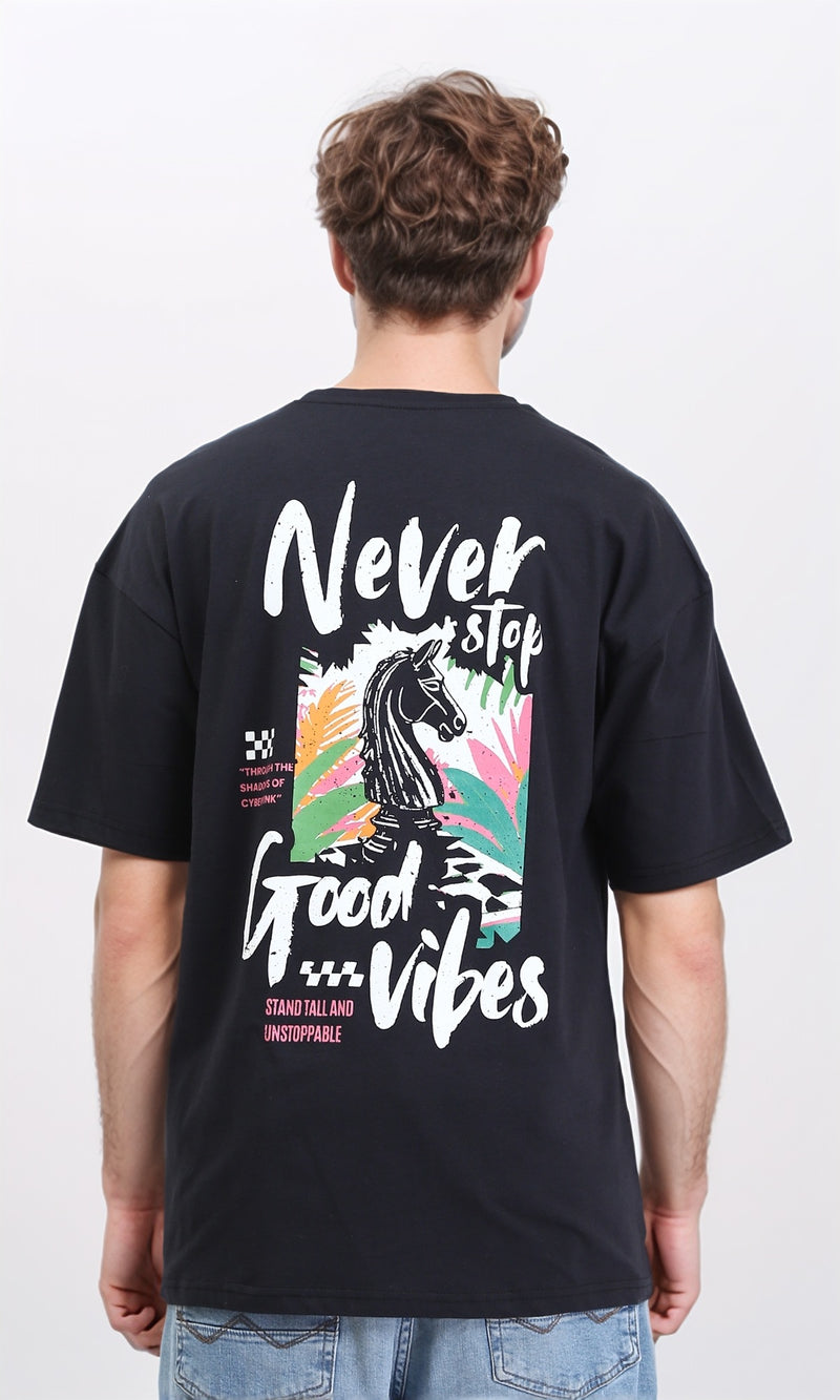 R210537 - Elbow Sleeves Regular Printed Cotton Tee - Black