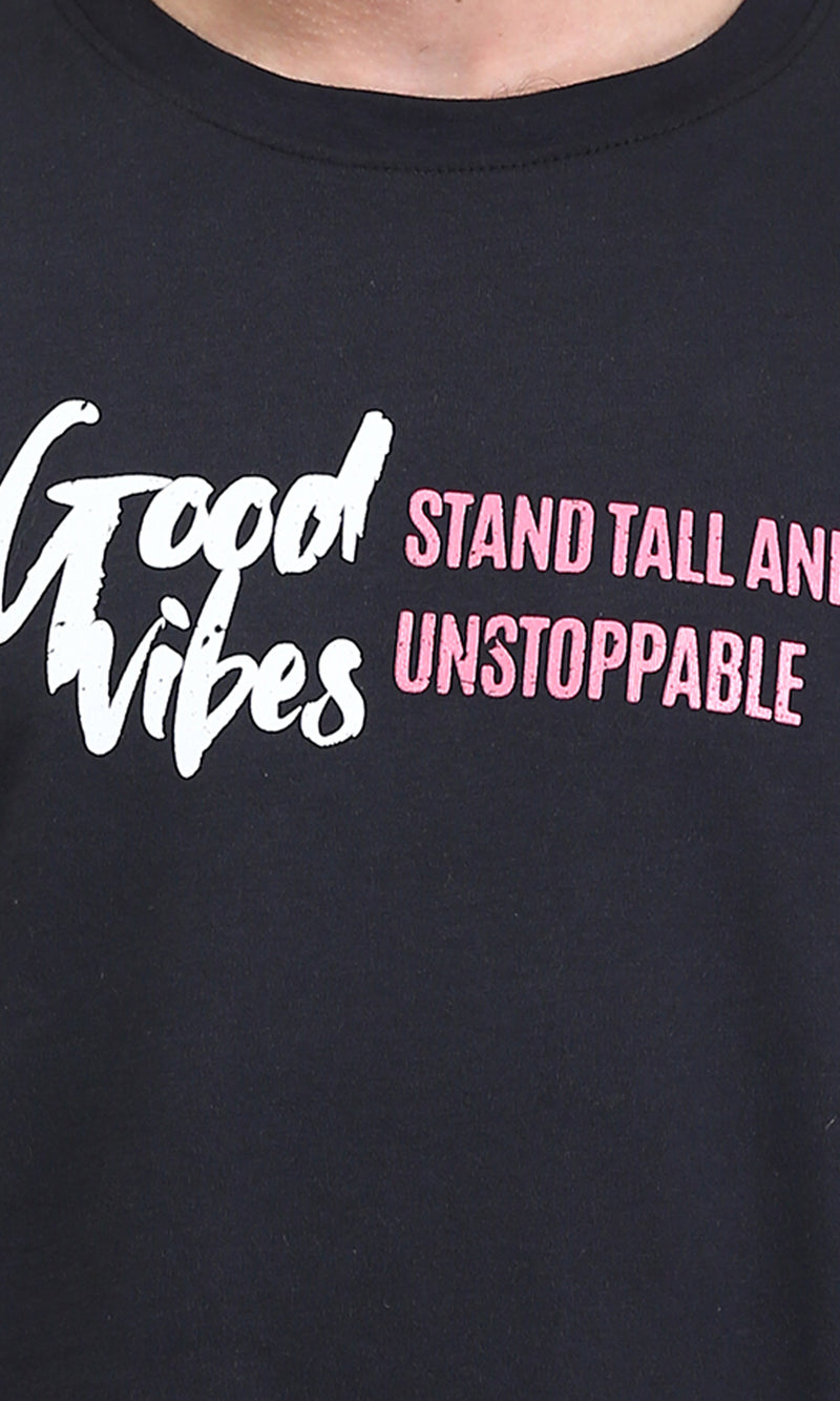 R210537 - Elbow Sleeves Regular Printed Cotton Tee - Black