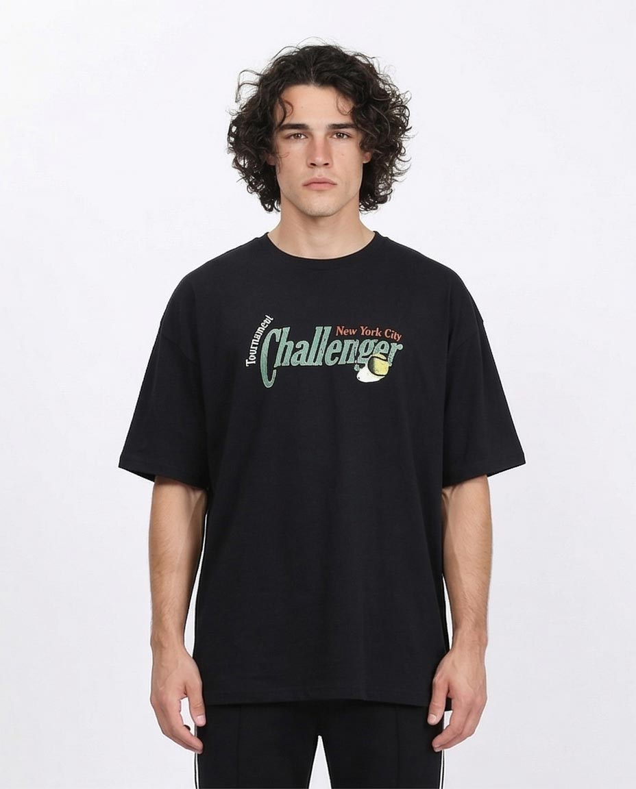 "challenger" Oversized Tennis Graphic T-Shirt - Black