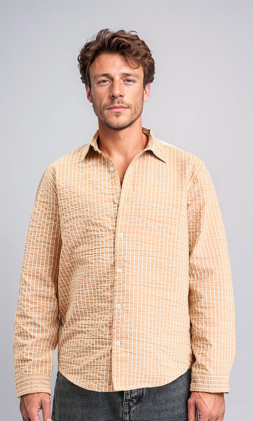 R210539 - Striped Long Sleeves Casual Shirt - Camel & White