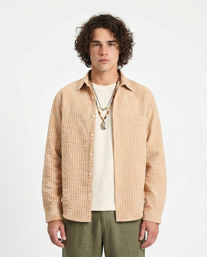 Striped Long Sleeves Casual Shirt - Camel & White