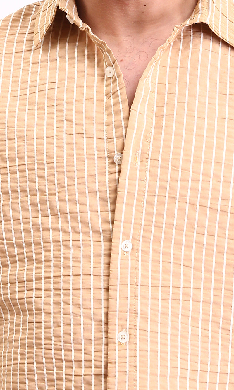 R210539 - Striped Long Sleeves Casual Shirt - Camel & White