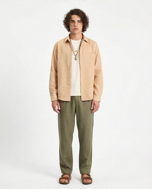 R210539 - Striped Long Sleeves Casual Shirt - Camel & White