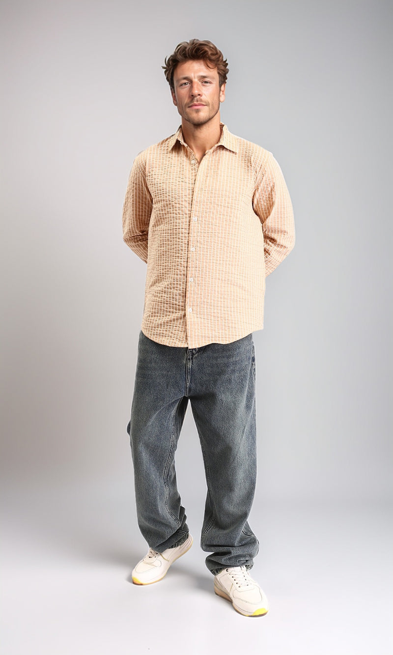R210539 - Striped Long Sleeves Casual Shirt - Camel & White