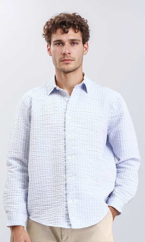 R210540 - Patterned Long Sleeves Cotton Shirt - Light Blue