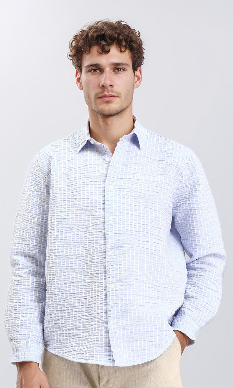 R210540 - Patterned Long Sleeves Cotton Shirt - Light Blue