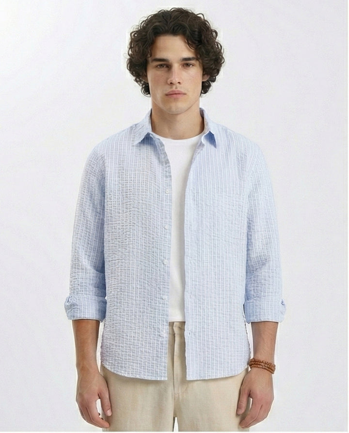 Patterned Long Sleeves Cotton Shirt - Light Blue