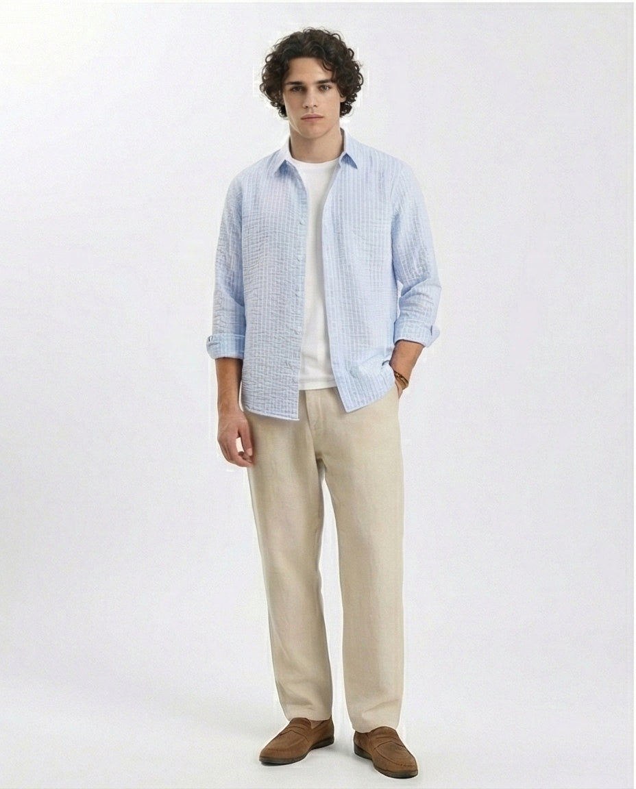 R210540 - Patterned Long Sleeves Cotton Shirt - Light Blue