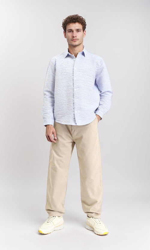 R210540 - Patterned Long Sleeves Cotton Shirt - Light Blue