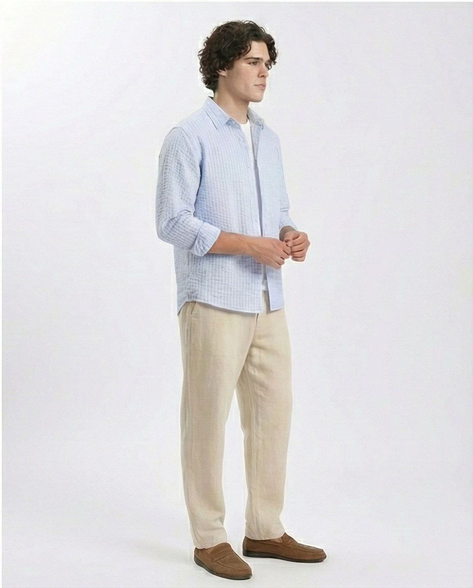 R210540 - Patterned Long Sleeves Cotton Shirt - Light Blue