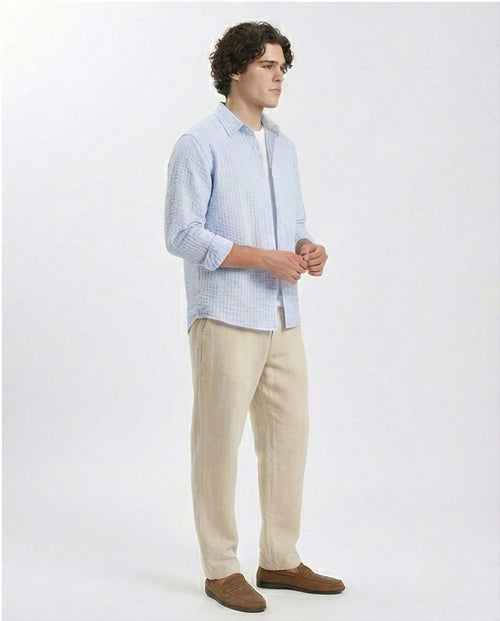 R210540 - Patterned Long Sleeves Cotton Shirt - Light Blue