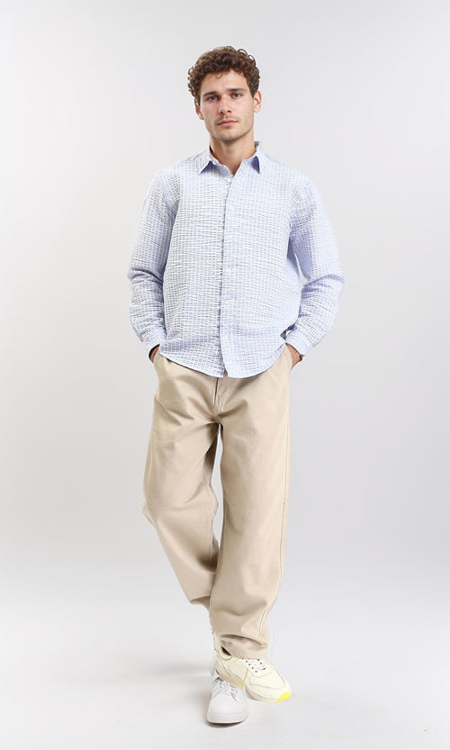 R210540 - Patterned Long Sleeves Cotton Shirt - Light Blue