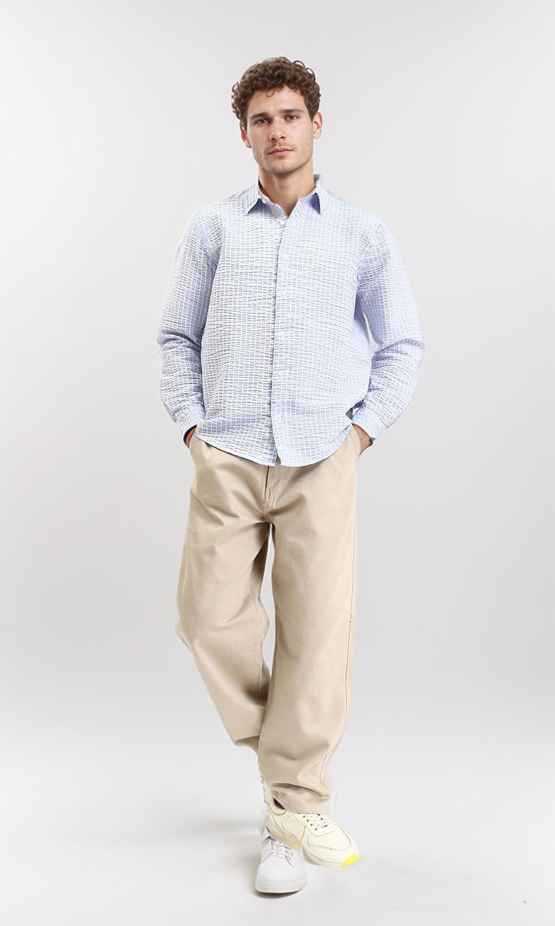 R210540 - Patterned Long Sleeves Cotton Shirt - Light Blue