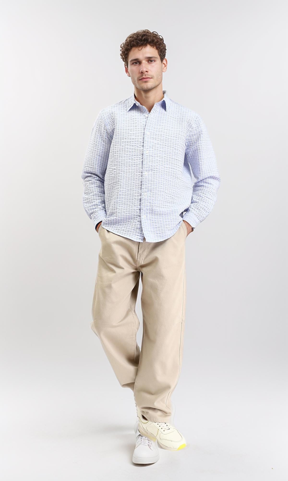 R210540 - Patterned Long Sleeves Cotton Shirt - Light Blue