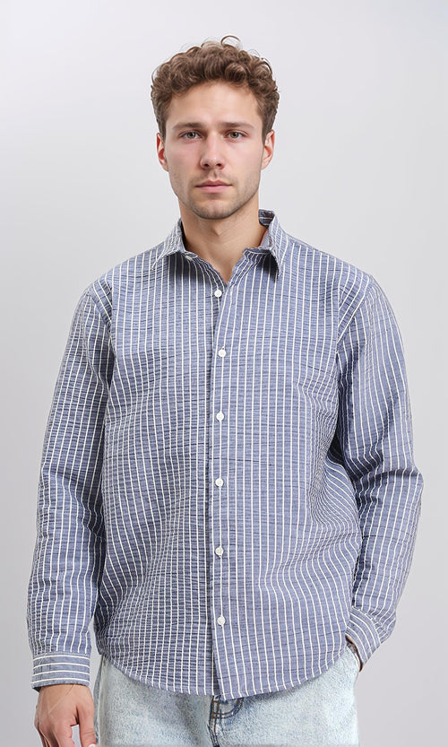 R210541 - Patterned Long Sleeves Cotton Shirt - Navy Blue