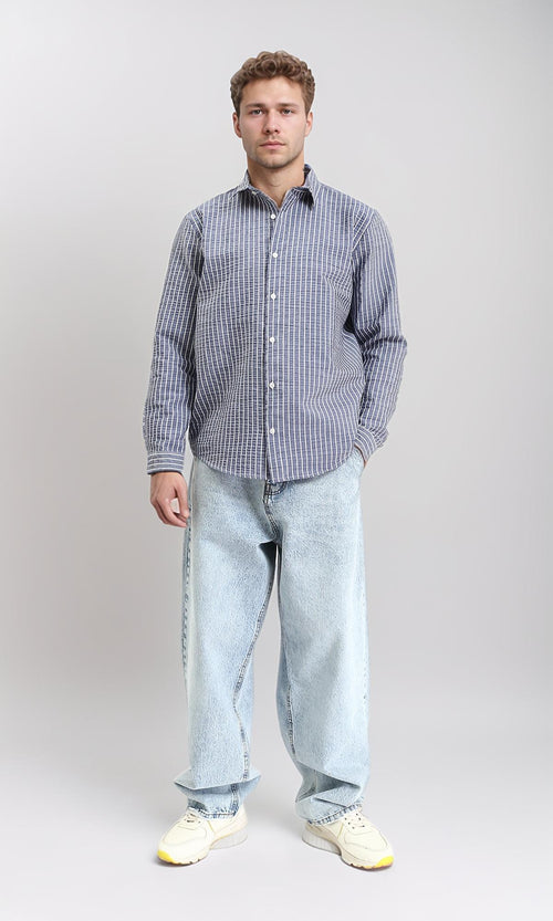 R210541 - Patterned Long Sleeves Cotton Shirt - Navy Blue