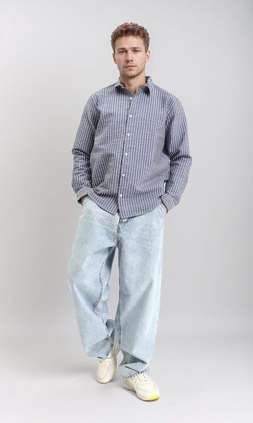 R210541 - Patterned Long Sleeves Cotton Shirt - Navy Blue
