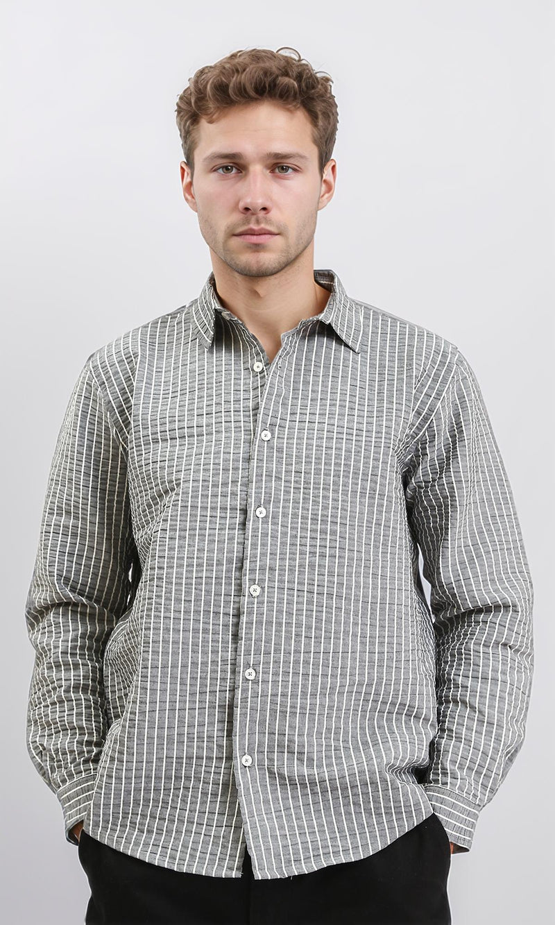 R210542 - Patterned Long Sleeves Cotton Shirt - Dark Grey
