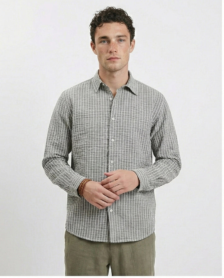 Patterned Long Sleeves Cotton Shirt - Dark Grey