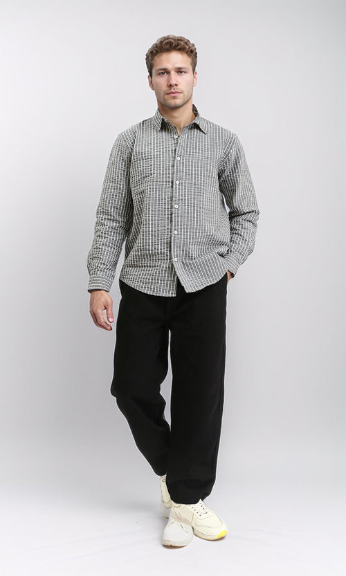 R210542 - Patterned Long Sleeves Cotton Shirt - Dark Grey