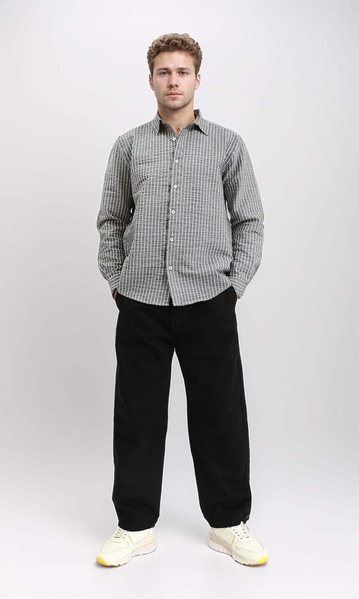 R210542 - Patterned Long Sleeves Cotton Shirt - Dark Grey