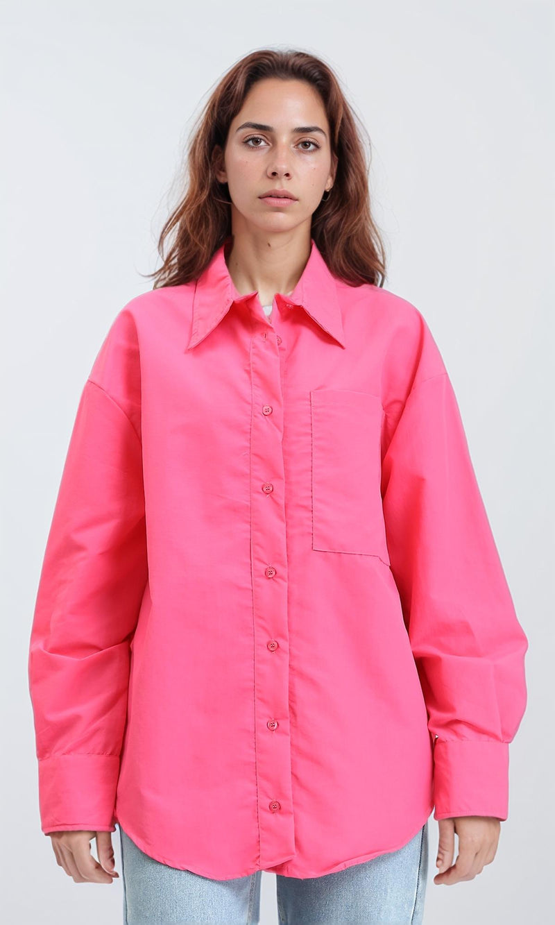 R210544 - Solid Long Shirt with Front Pocket - Fuchsia