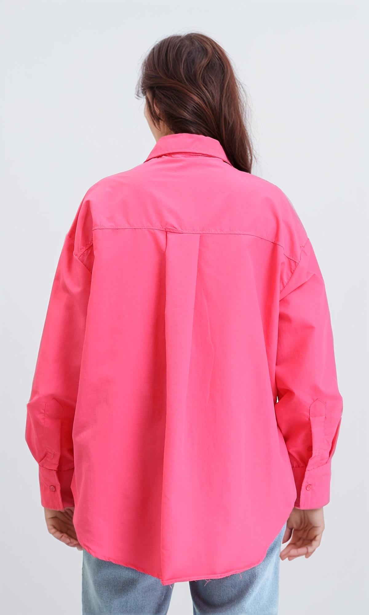 R210544 - Solid Long Shirt with Front Pocket - Fuchsia