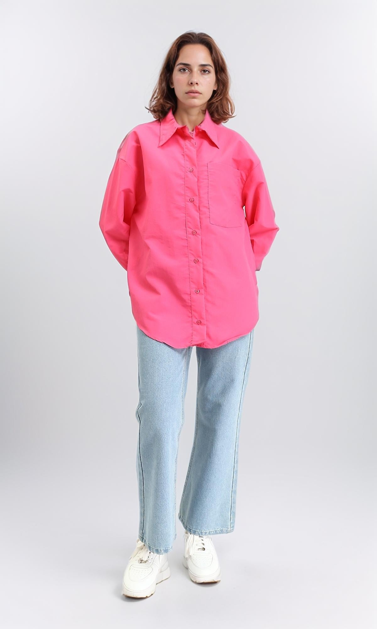 R210544 - Solid Long Shirt with Front Pocket - Fuchsia