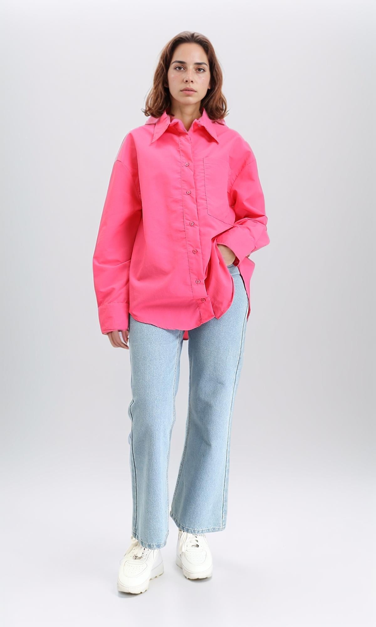 R210544 - Solid Long Shirt with Front Pocket - Fuchsia
