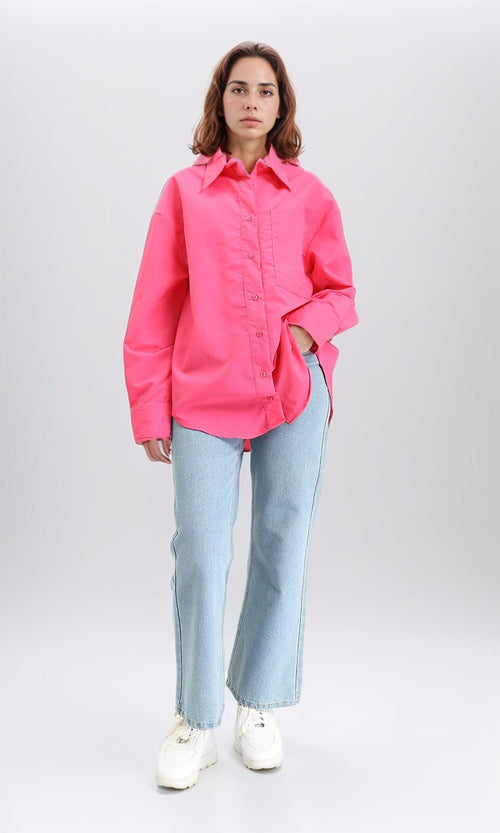 R210544 - Solid Long Shirt with Front Pocket - Fuchsia