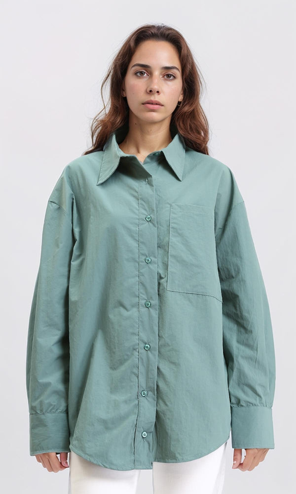 R210545 - Solid Long Shirt with Front Pocket - Dark Mint