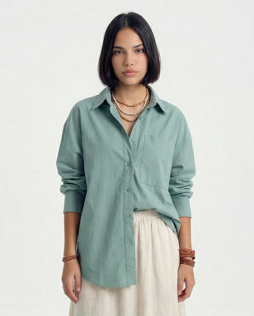 Solid Long Shirt with Front Pocket - Dark Mint