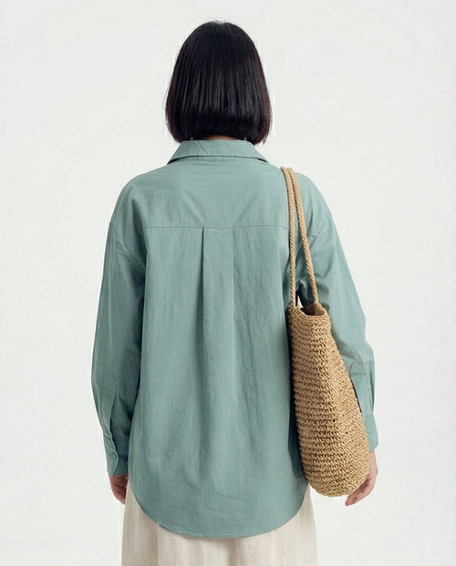 R210545 - قميص سادة طويل بجيوب أمامية - نعناعي داكن