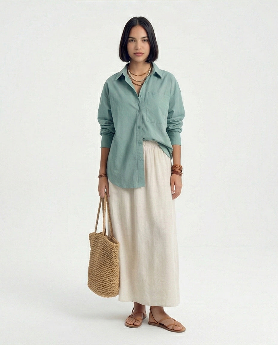 R210545 - Solid Long Shirt with Front Pocket - Dark Mint