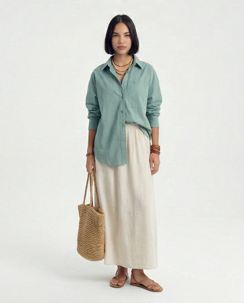 R210545 - قميص سادة طويل بجيوب أمامية - نعناعي داكن