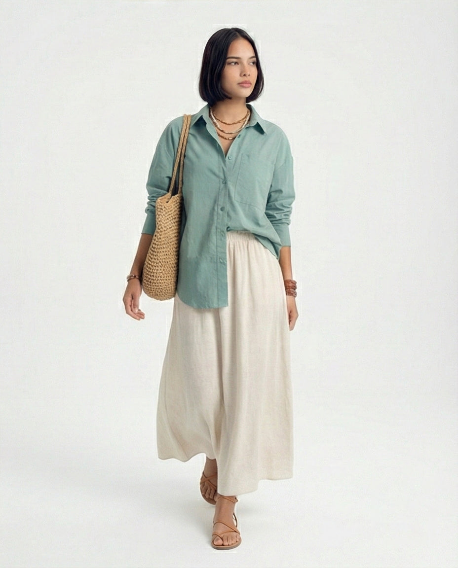 R210545 - Solid Long Shirt with Front Pocket - Dark Mint