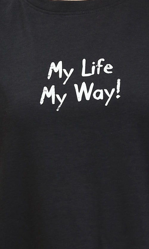 R210546 - Printed Elbow Sleeves Summer Tee - Black