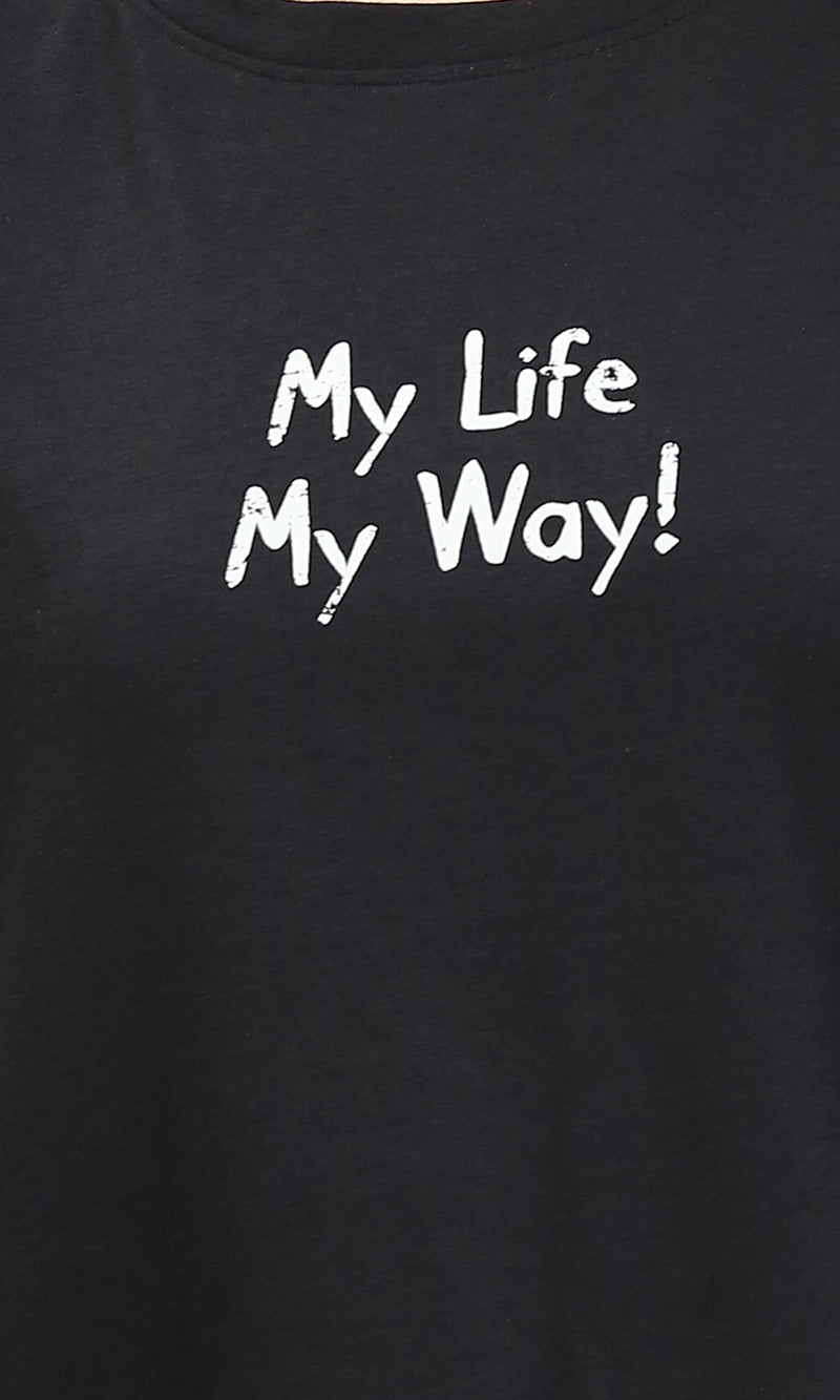 R210546 - Printed Elbow Sleeves Summer Tee - Black