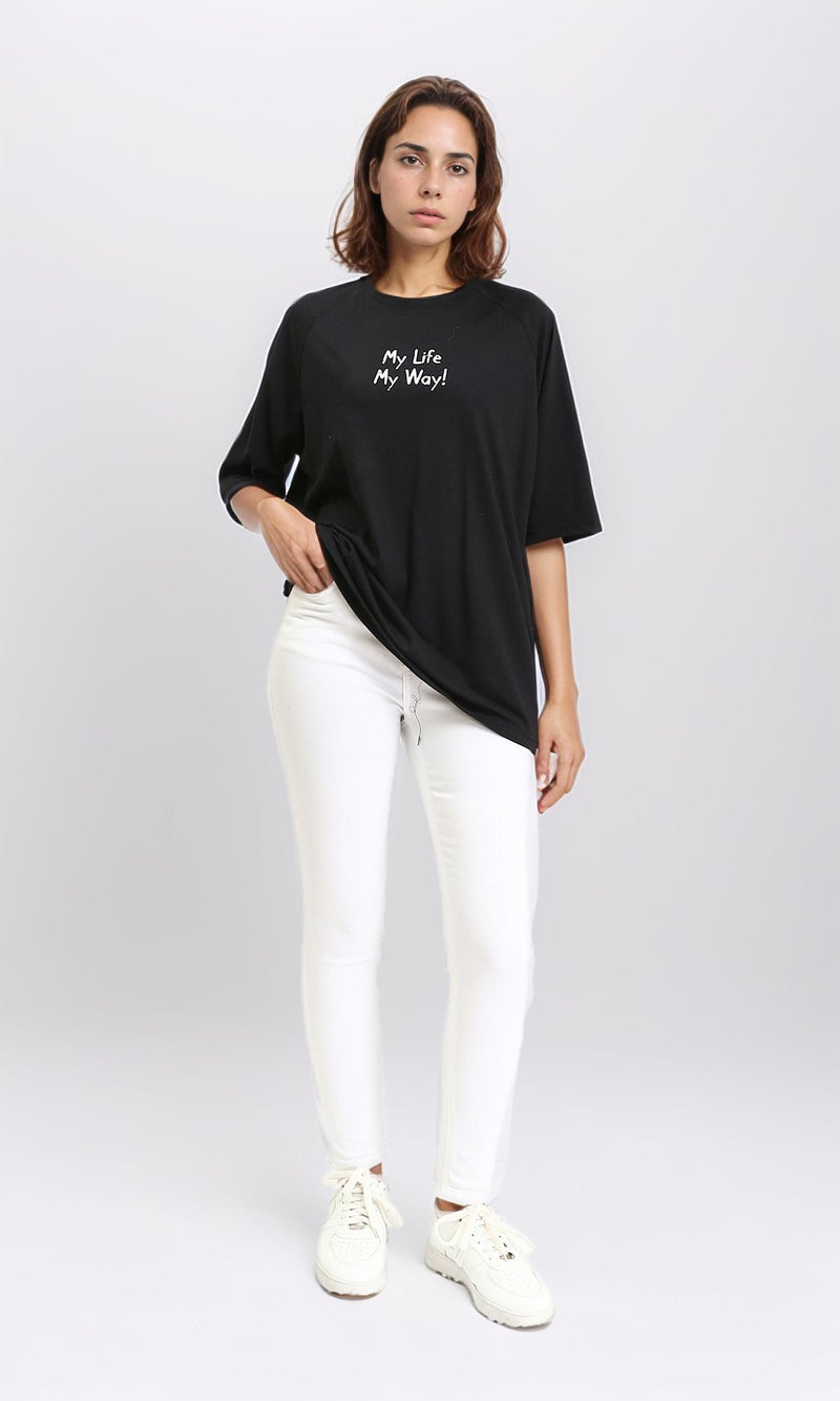 R210546 - Printed Elbow Sleeves Summer Tee - Black