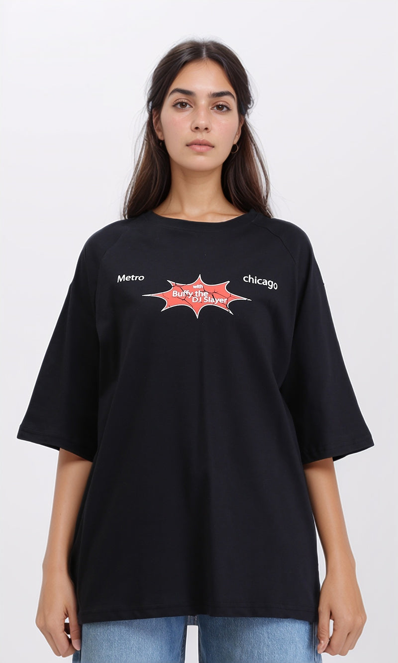 R210548 - Relaxed Fit Printed Long Tee - Black