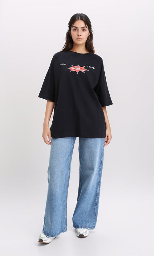 R210548 - Relaxed Fit Printed Long Tee - Black