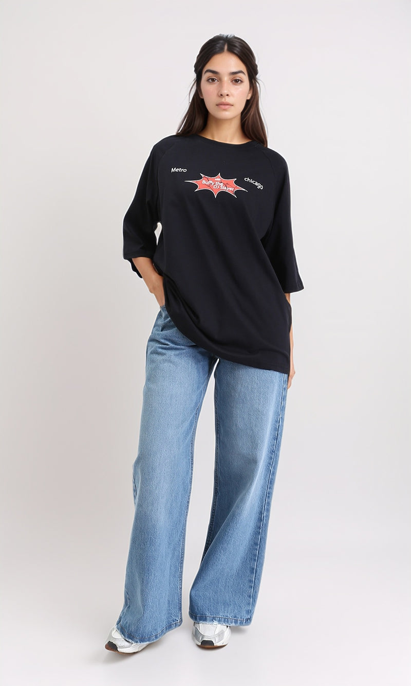 R210548 - Relaxed Fit Printed Long Tee - Black