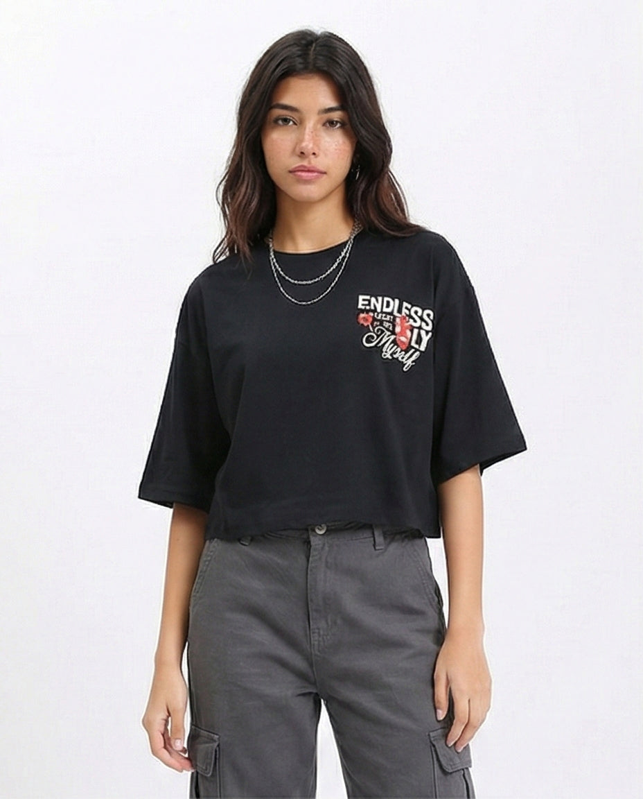 Printed Slip On Short Tee - Black